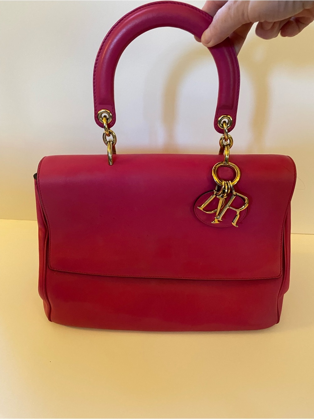Christian Dior Be Dior Fuchsia/pink leather purse, cream interior + gold chain